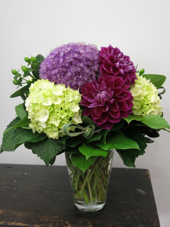 Beautiful purples and greens together....hydrangea, allium and dahlias.
