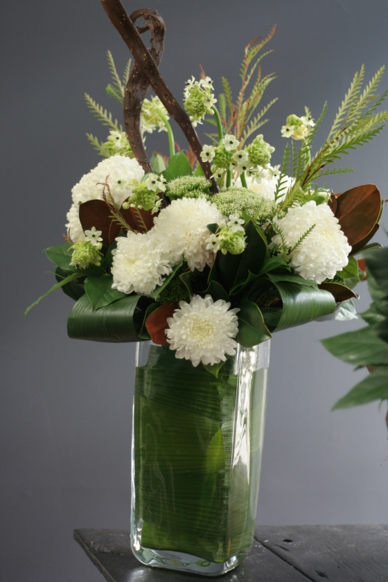 Commercial mums with fascinated willow and ornithogalum.